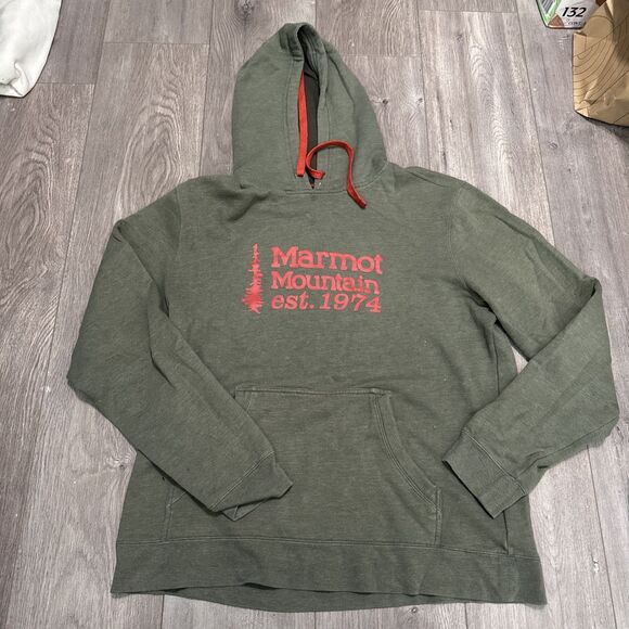 Marmot Sweatshirt Mens Large Green Cotton Blend Logo Pullover Pocket Hoodie L - Picture 1 of 4